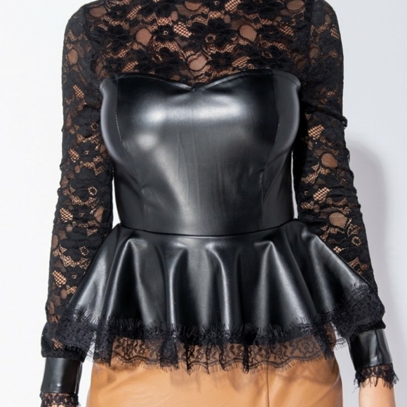 1 LEFT!! Wet Look & Lace Faux Leather Peplum Top - Picture 7 of 14